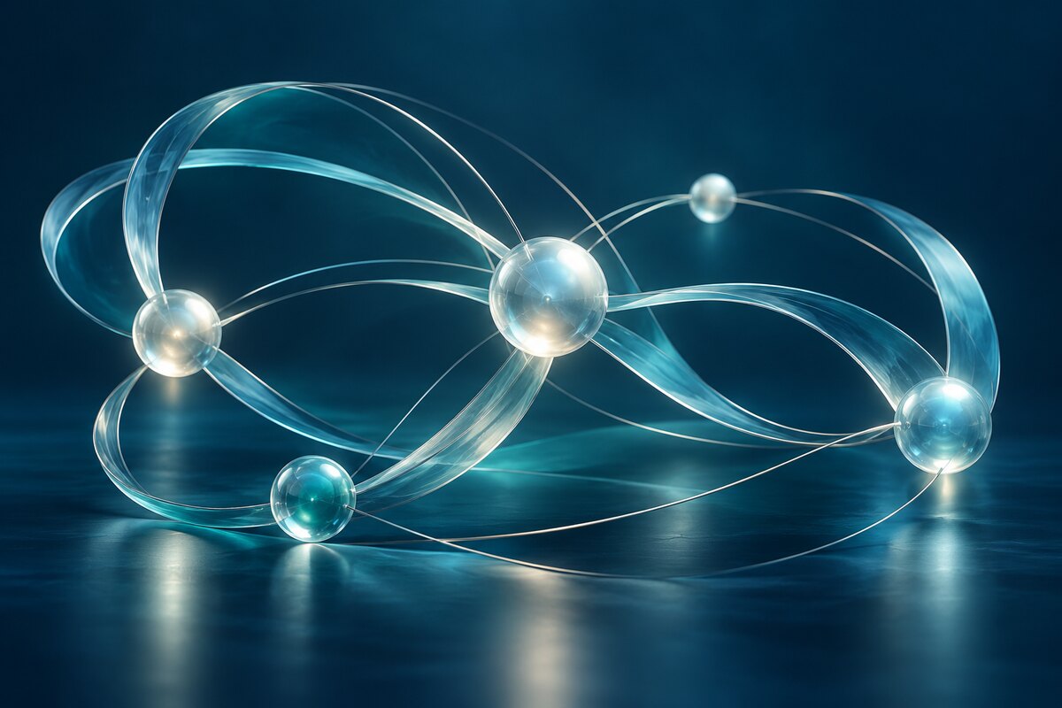 AI-generated illustration of interconnected glass arcs and luminous nodes